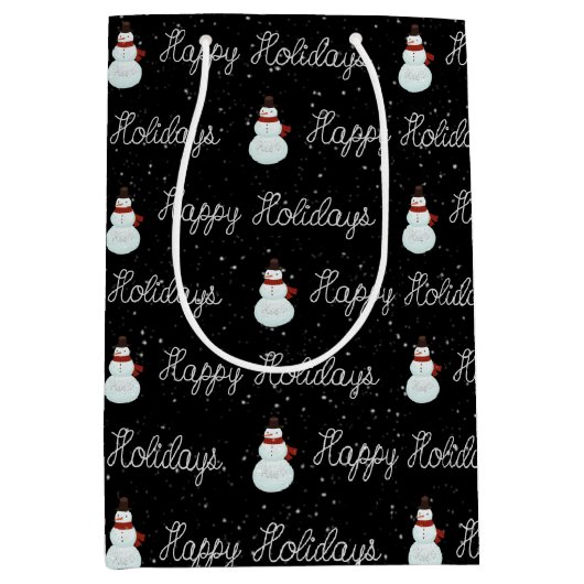 prettige feestdagen sneeuwpop en touwtekst op zwar medium cadeauzakje (Voorkant)