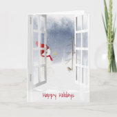 prettige feestdagen sneeuwpop in het raam kaart (Voorkant)
