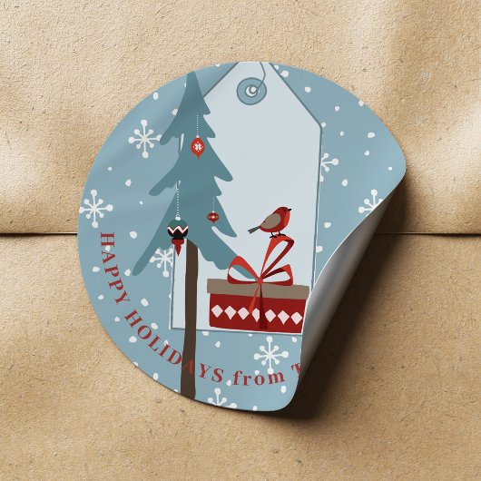 Prettige feestdagen sneeuwvlokken en een kerstboom ronde sticker