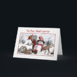 Prettige feestdagen Snowman en Deer<br><div class="desc">Schattige winterscène Happy Holiday wenskaart "To Mail Carrier, Mailman, Mail vrouw" wenskaart. Deze leuke vakantiekaart is voorzien van een overwintering met een versierde brievenbus met een cadeau erin en een kous aan de zijkant. Naast de brievenbus staan twee nieuwsgierige hertenfawns en een vrolijke kleine sneeuwpop! Ze liggen allemaal voor een...</div>