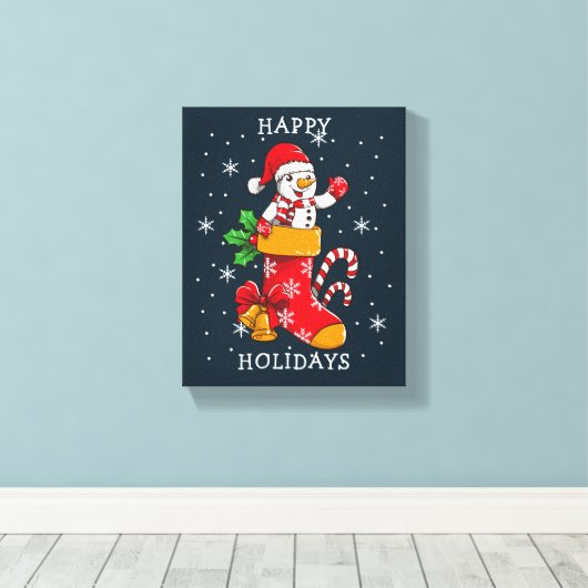Prettige feestdagen Snowman Kousen Snoepriet Canvas Afdruk (Insitu (Houten vloer))