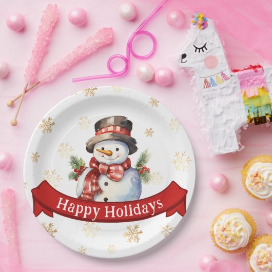 Prettige feestdagen Snowman rood & goud kerstfeest Papieren Bordje (Feest)
