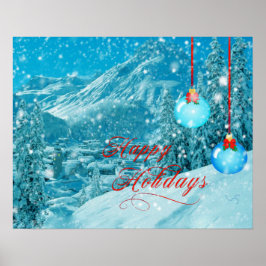prettige feestdagen Snowy Mountain Winter Village Poster