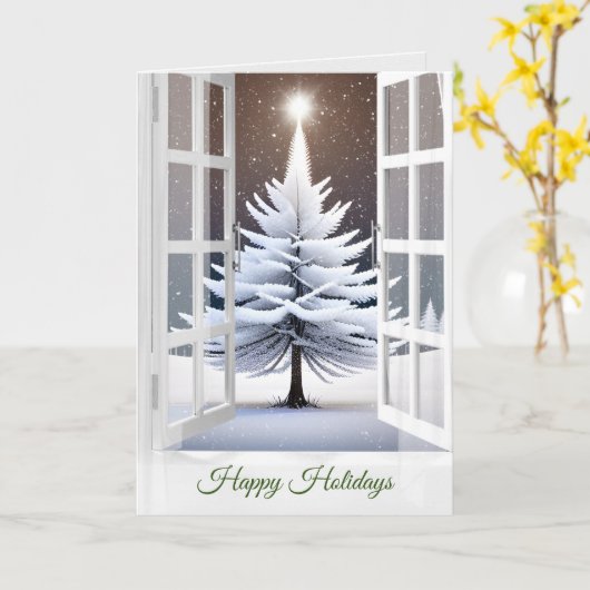 Prettige feestdagen Snowy Pine in Window Kaart (Gele Bloem)