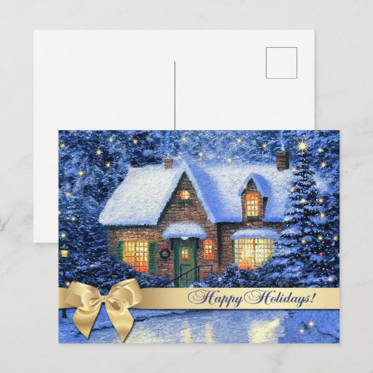 prettige feestdagen. Snowy Village Painting Kerstm Briefkaart (Voorkant / Achterkant)