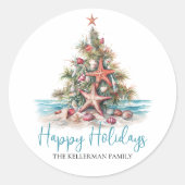 Prettige feestdagen strand kerstboom ronde sticker (Voorkant)