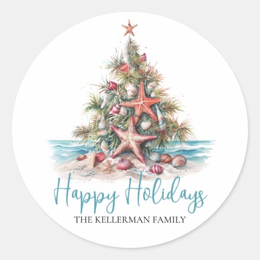 Prettige feestdagen strand kerstboom ronde sticker (Voorkant)