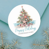 Prettige feestdagen strand kerstboom ronde sticker