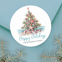 Prettige feestdagen strand kerstboom ronde sticker