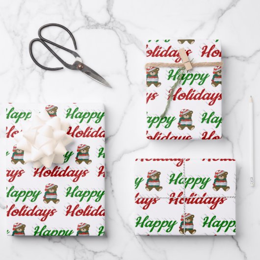 prettige feestdagen Teddy Bear-kerstscript Inpakpapier Vel (Voorkant)