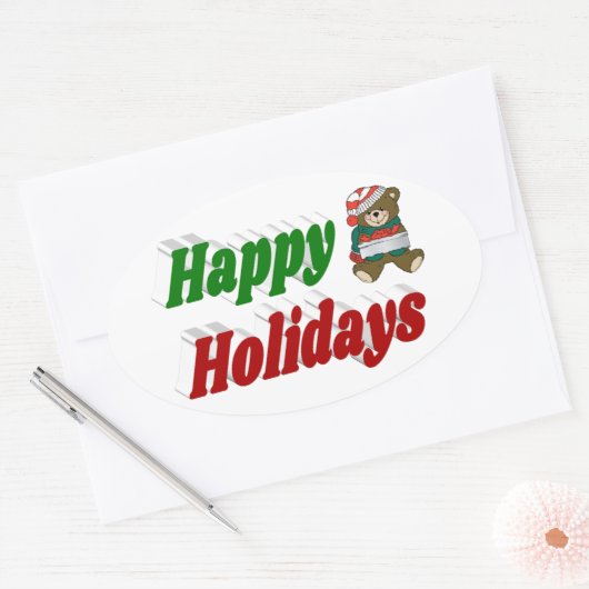 prettige feestdagen teddy Bear-kersttypografie Ovale Sticker (Envelop)