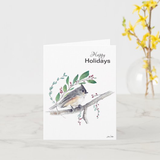 prettige feestdagen Titted Titmouse Bird Kaart (Gele Bloem)