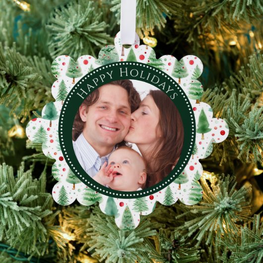 Prettige feestdagen Trees Familie Foto Ornament Kaart (Insitu (Drie))