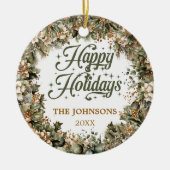 Prettige feestdagen Trendy salie groen faux goud Keramisch Ornament (Voorkant)