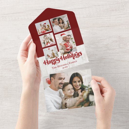 prettige feestdagen Typografie op Rustic Wood 5-fo All In One Uitnodiging (Afscheurbaar)