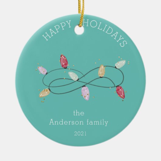 Prettige feestdagen Vakantie Lichten Kleurrijk Keramisch Ornament (Voorkant)