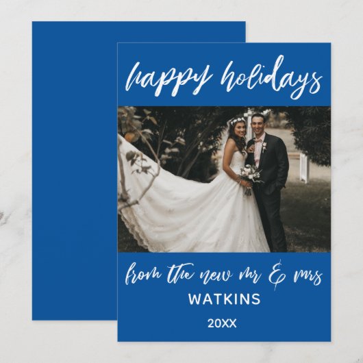 prettige feestdagen van New Mr & Mrs Photo, Blue Feestdagenkaart (Voorkant / Achterkant)