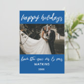 prettige feestdagen van New Mr & Mrs Photo, Blue Feestdagenkaart (Staand voorkant)