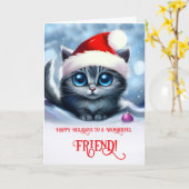 Prettige feestdagen Vriend met Schattige kerstkatj Kaart (Gele Bloem)