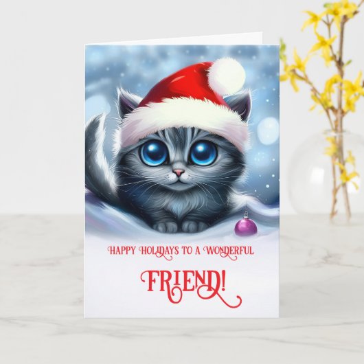 Prettige feestdagen Vriend met Schattige kerstkatj Kaart (Gele Bloem)