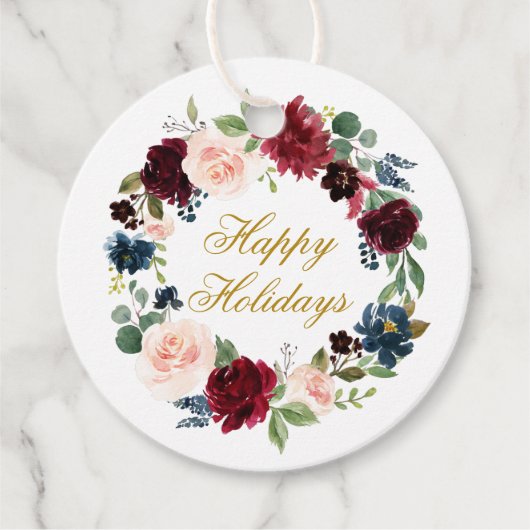 prettige feestdagen Waterverf Floral Wreath Gold Bedankjes Labels (Voorkant)
