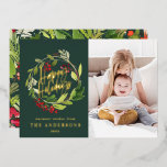 prettige feestdagen waterverf florale foto groen<br><div class="desc">prettige feestdagen rustige waterverf floraal groen elegant modern minimaal 1 foto Holiday folie card. Een deel van een collectie.</div>