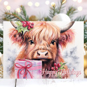 Prettige feestdagen Waterverf Hoogland Koe Kerst