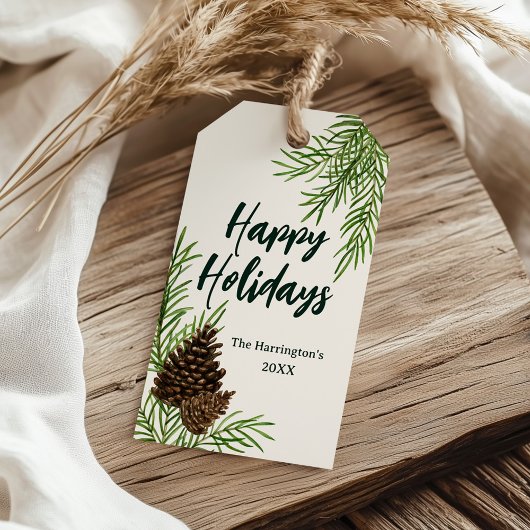 Prettige feestdagen Waterverf Pine Ivory Christmas Cadeaulabel