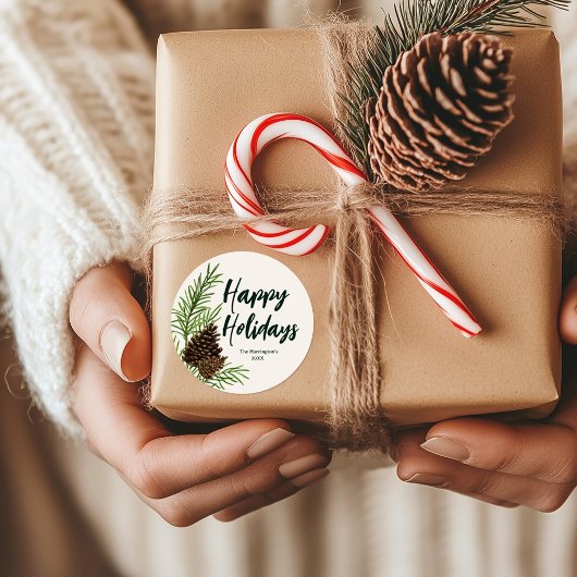 Prettige feestdagen Waterverf Pine Winter Greenery Ronde Sticker