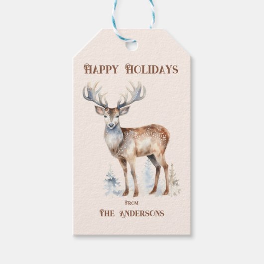 Prettige feestdagen Waterverf Rendier gepersonalis Cadeaulabel (Voorkant)
