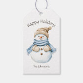 Prettige feestdagen Waterverf Snowman familienaam Cadeaulabel (Voorkant)