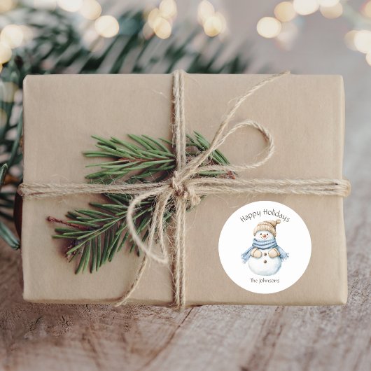 Prettige feestdagen Waterverf Snowman familienaam Ronde Sticker