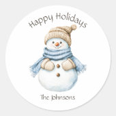 Prettige feestdagen Waterverf Snowman familienaam Ronde Sticker (Voorkant)
