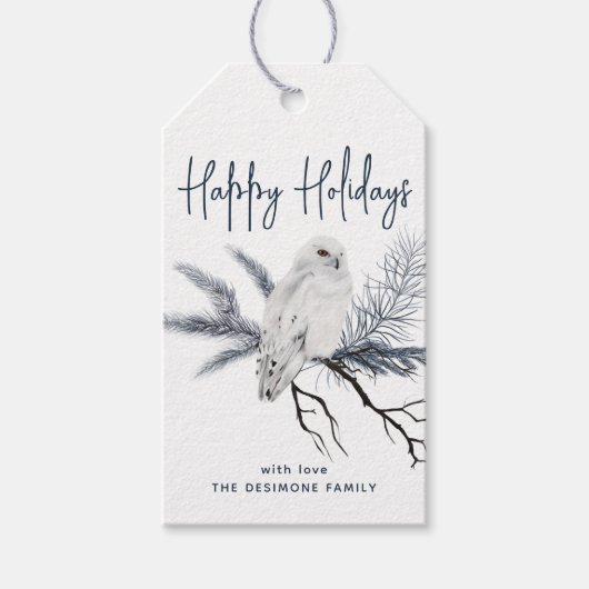 prettige feestdagen Waterverf Snowy Owl Blue Gift  Cadeaulabel (Voorkant)
