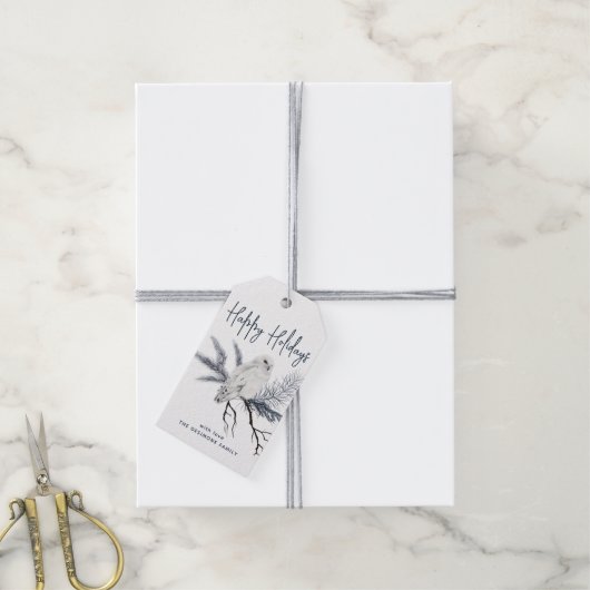 prettige feestdagen Waterverf Snowy Owl Blue Gift  Cadeaulabel (Met Touw)