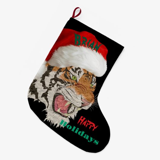 Prettige feestdagen Wildlife tijger met kerstmuts  Grote Kerstsok (Voorkant (Hangend))