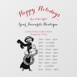 prettige feestdagen winkelmeisje met roodrood raamsticker