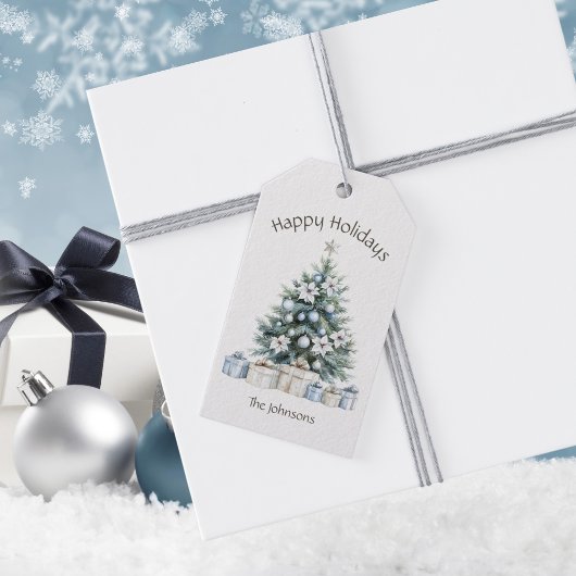 Prettige feestdagen Winter Blauwe Kerstboom Naam Cadeaulabel