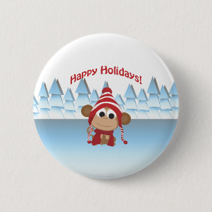 prettige feestdagen! Winter Monkey Ronde Button 5,7 Cm