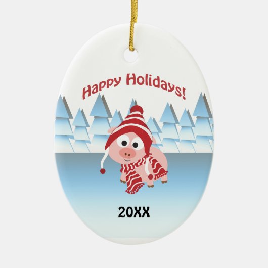 prettige feestdagen! Winter Pig Keramisch Ornament (Voorkant)