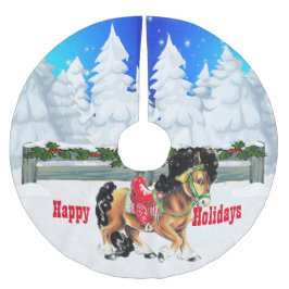 Prettige feestdagen Winter Scene Paard en Fence Kerstboom Rok