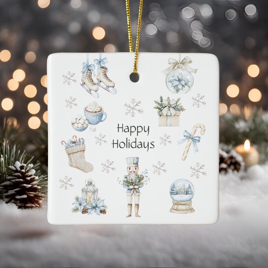 Prettige feestdagen Winterblauw Waterverf Keramisch Ornament