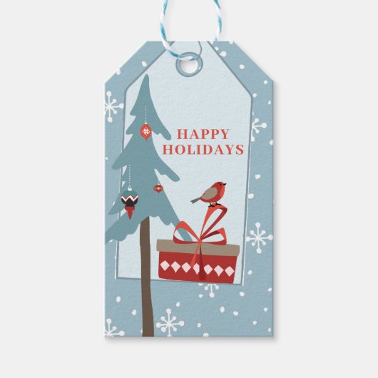 Prettige feestdagen Winterbos rustieke dennenboom Cadeaulabel (Voorkant)