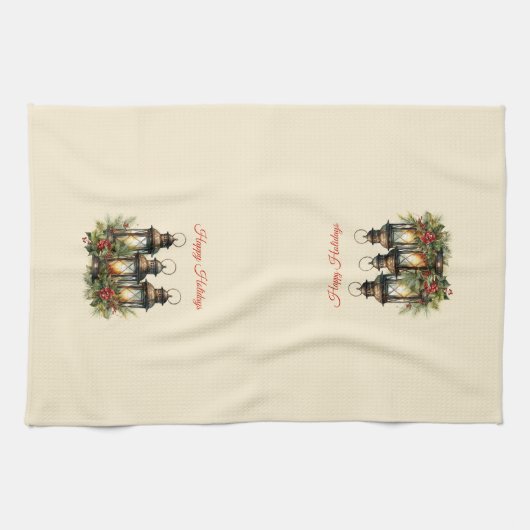 Prettige feestdagen Winterlantaarns Theedoek (Horizontaal)