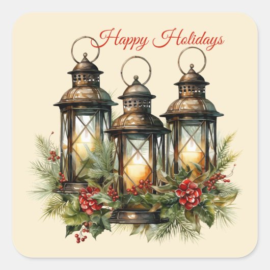 Prettige Feestdagen Winterlantaarns Vierkante Sticker (Voorkant)