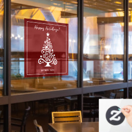 Prettige Feestdagen Witte Kerstboom op Maroonrood Raamsticker