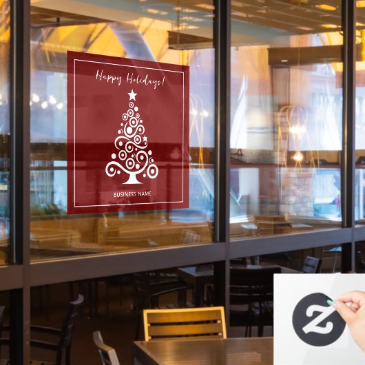 Prettige Feestdagen Witte Kerstboom op Maroonrood Raamsticker (Restaurant Raam)