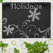 Prettige feestdagen Witte sneeuwvlokken op zwart Theedoek (Gevouwen)