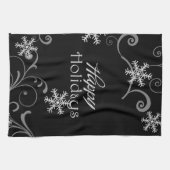 Prettige feestdagen Witte sneeuwvlokken op zwart Theedoek (Horizontaal)