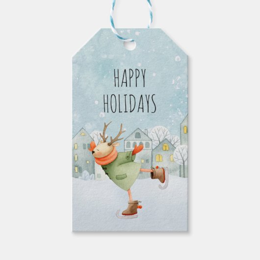 Prettige feestdagen Woodland Deer Ice Skating Cadeaulabel (Voorkant)